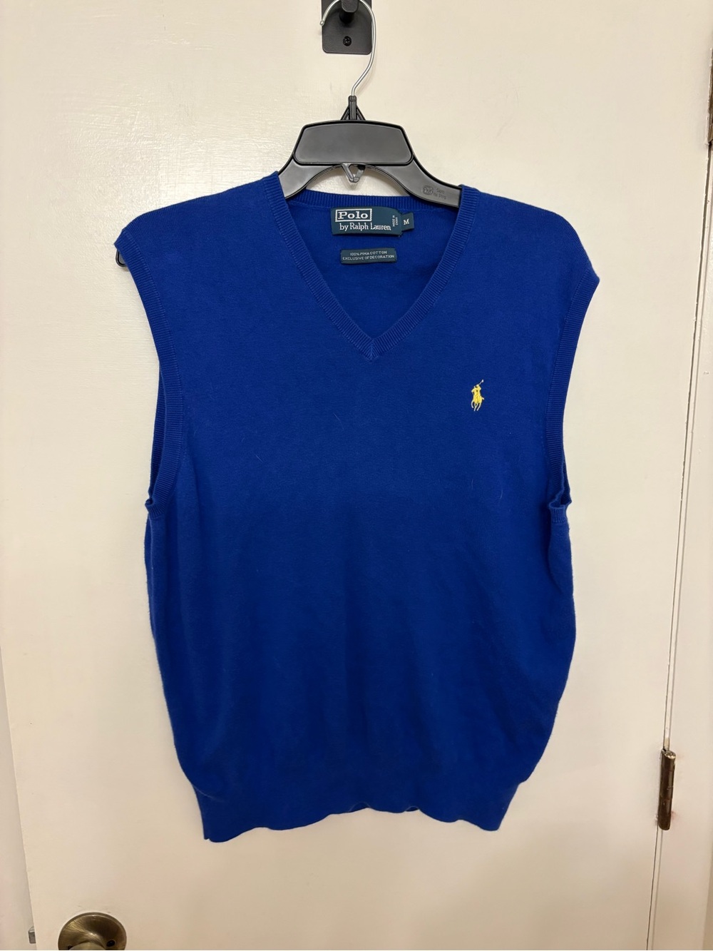 Polo Ralph Lauren Blue Pima Cotton V-Neck Sweater Vest Yellow Pony Mens Medium